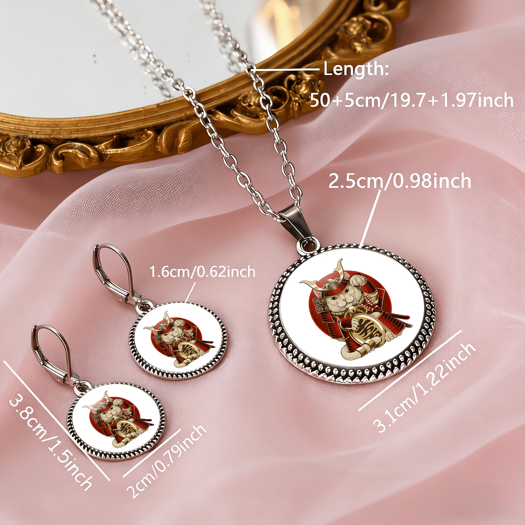 3pc Classic Cat Samurai Necklace & Earrings Set, Vivid Design